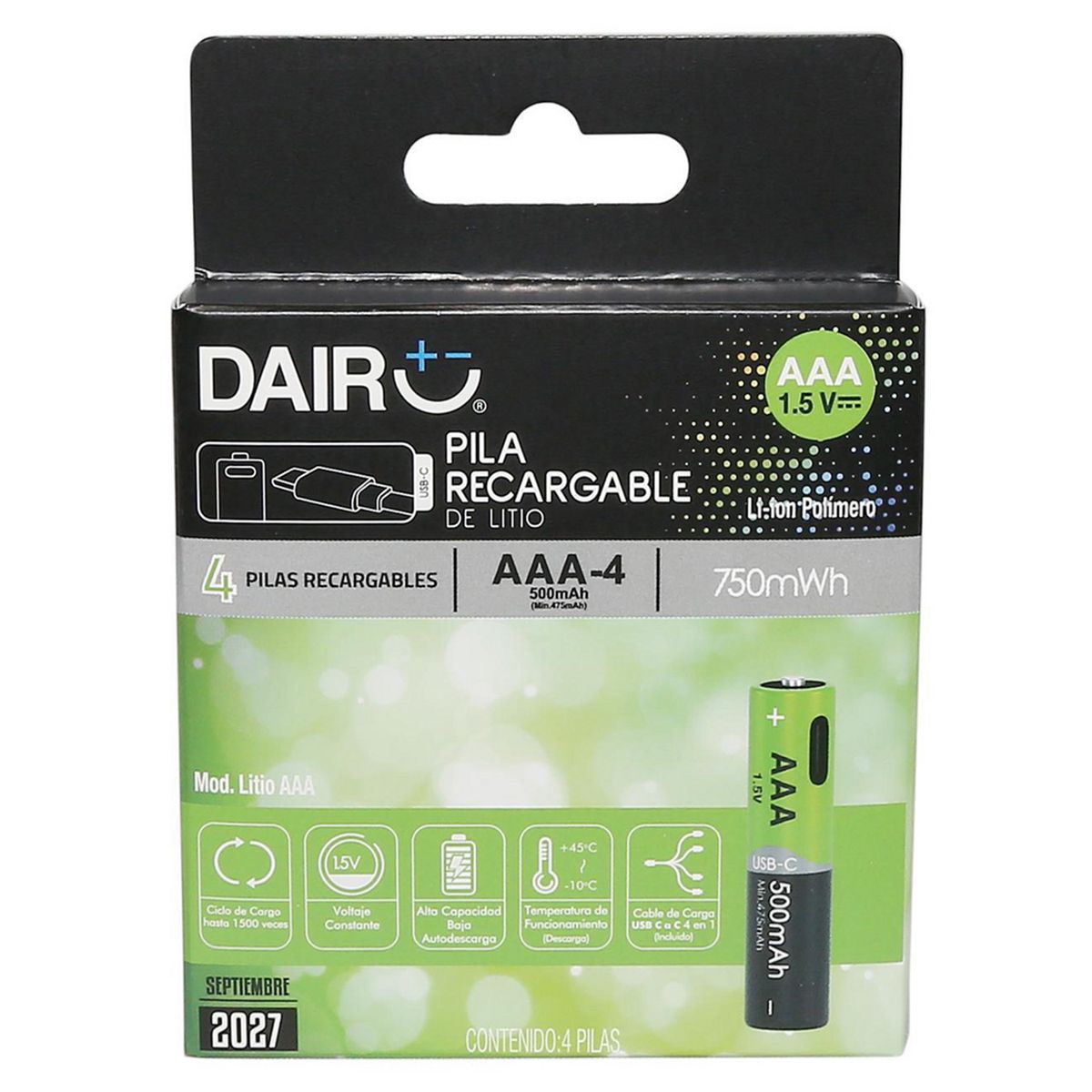 Pila recargable vía USB-C AAAx4, marca DAIRU - Foto Principal