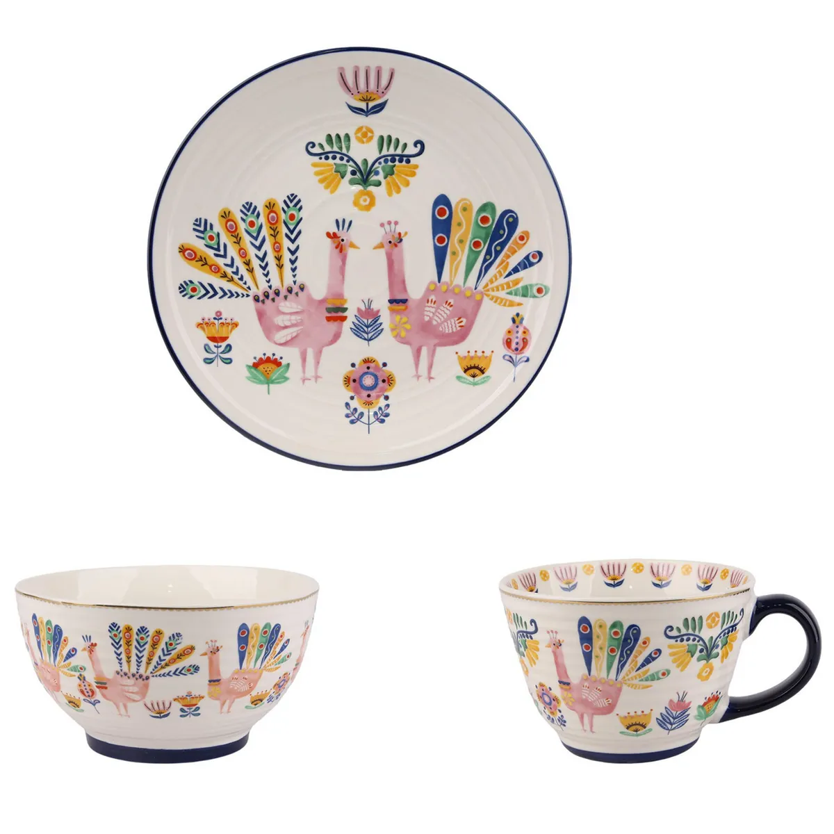 JUST HOME COLLECTION - Juego de Vajilla 3 Piezas Porcelana Pavo Real Multicolor