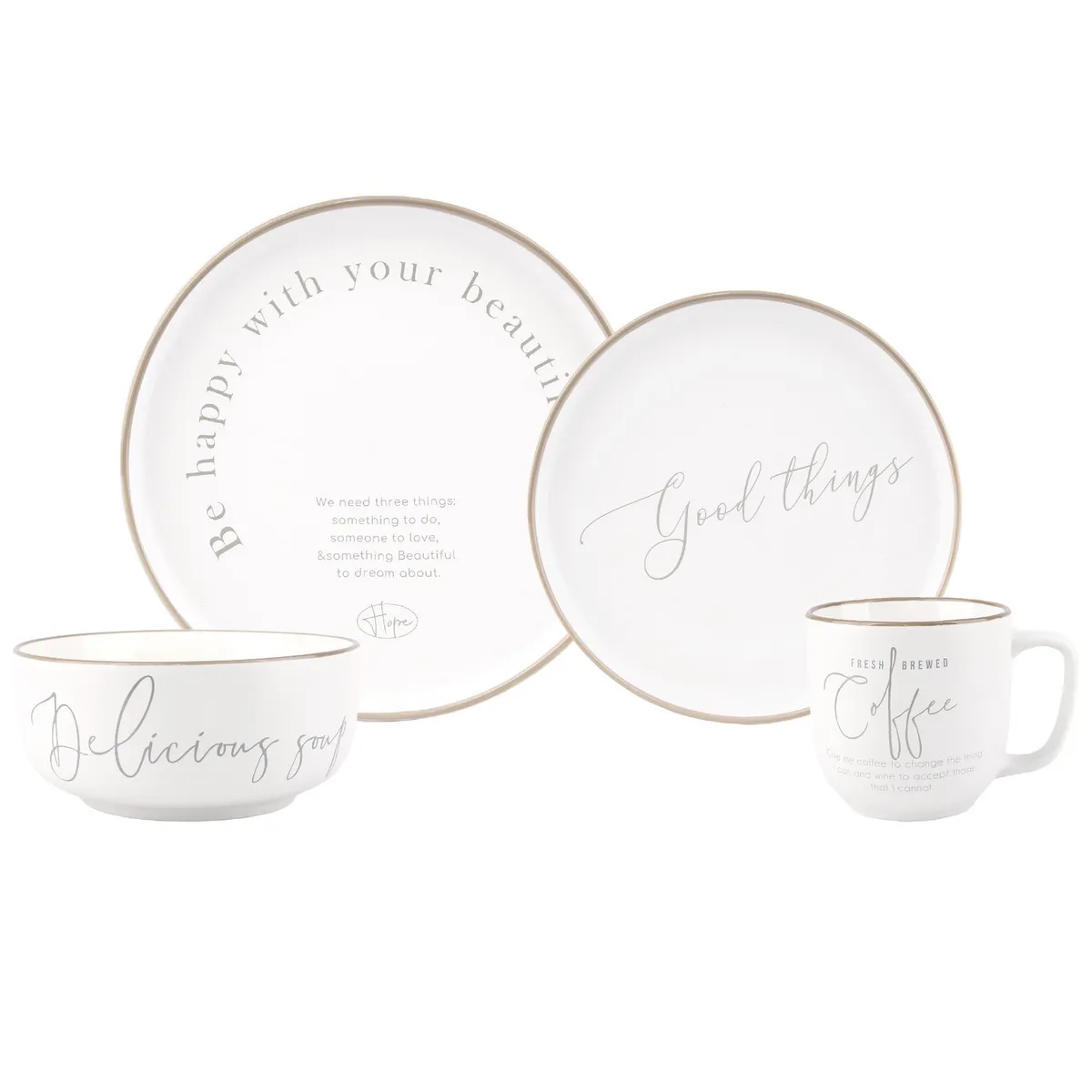 JUST HOME COLLECTION - Juego de Vajilla 16 Piezas Porcelana Palabra Blanco