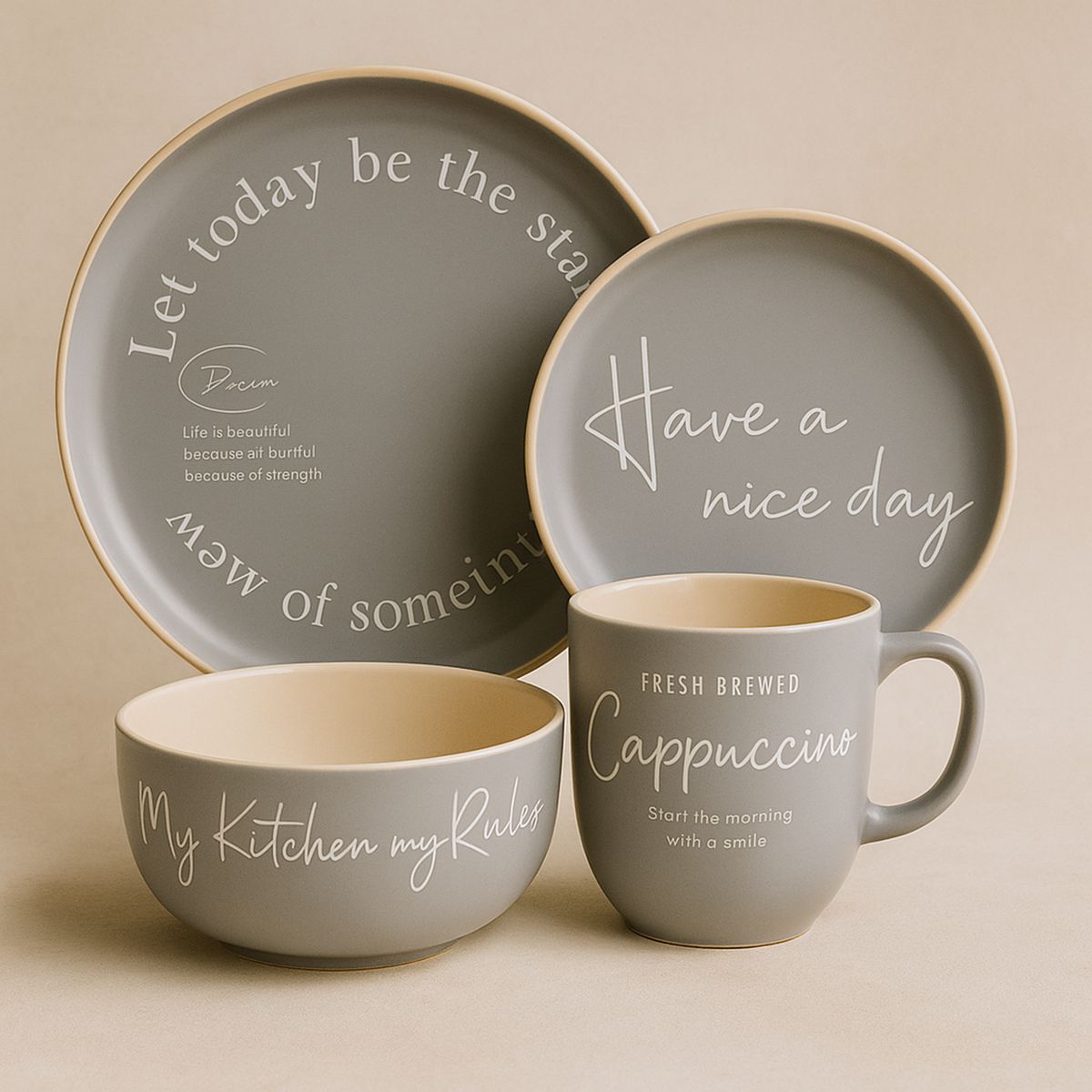 JUST HOME COLLECTION - Juego de vajilla 16 Piezas Porcelana Palabra Gris