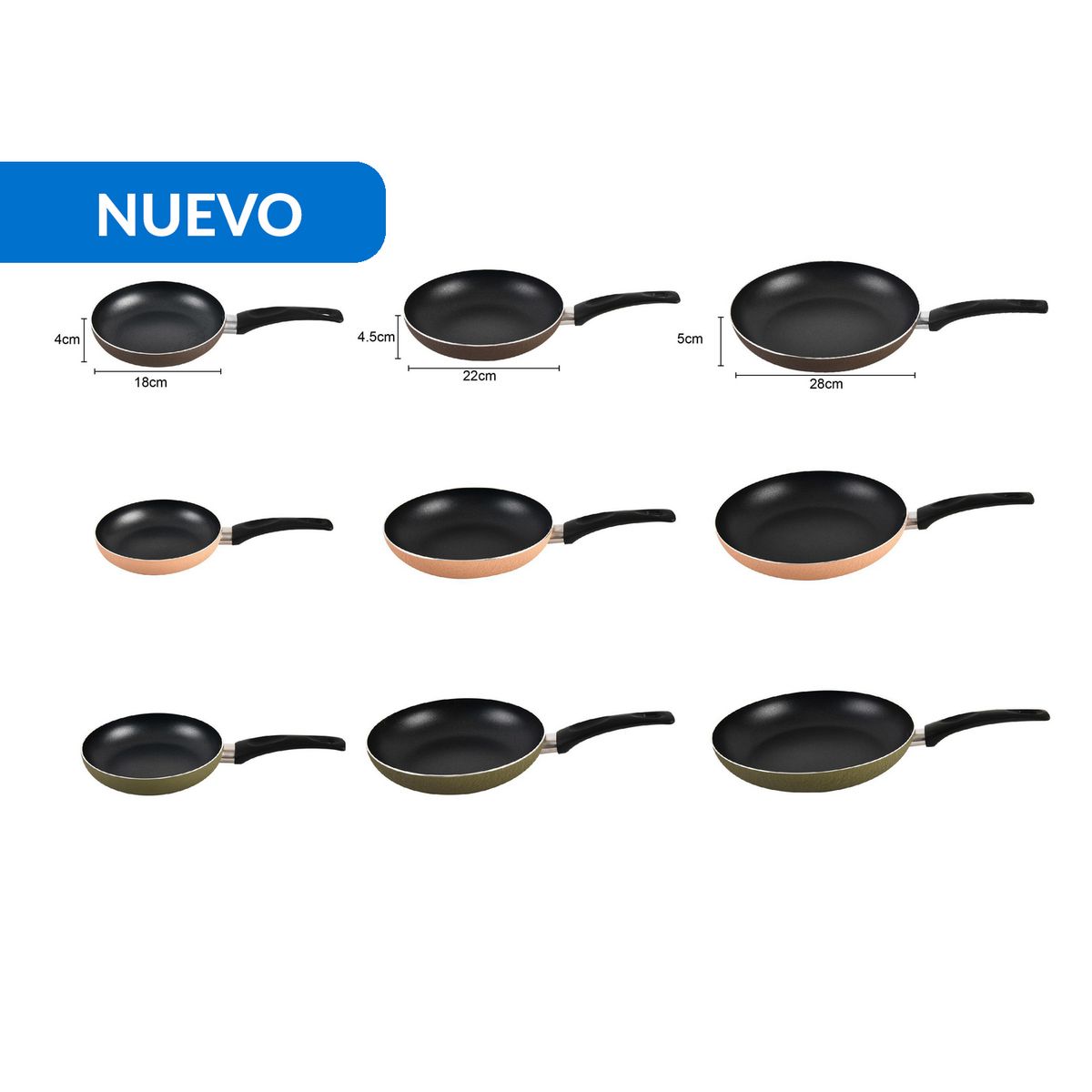 JUST HOME COLLECTION - Set 3 Sartenes Antiadherentes 18/22/28 cm Aluminio Verde/rosado/café