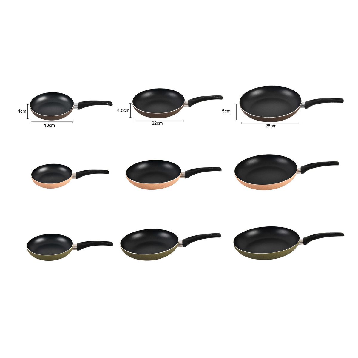 JUST HOME COLLECTION - Set 3 Sartenes Antiadherentes 18/22/28 cm Aluminio Verde/rosado/café