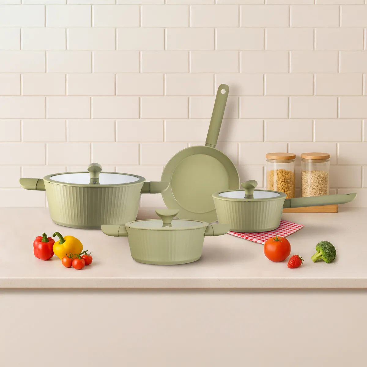 JUST HOME COLLECTION - Batería de Cocina 7 Piezas Cerámica Roman Verde