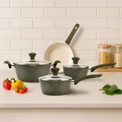 JUST HOME COLLECTION - Batería de Cocina 7 Piezas Cerámica Martillada Verde