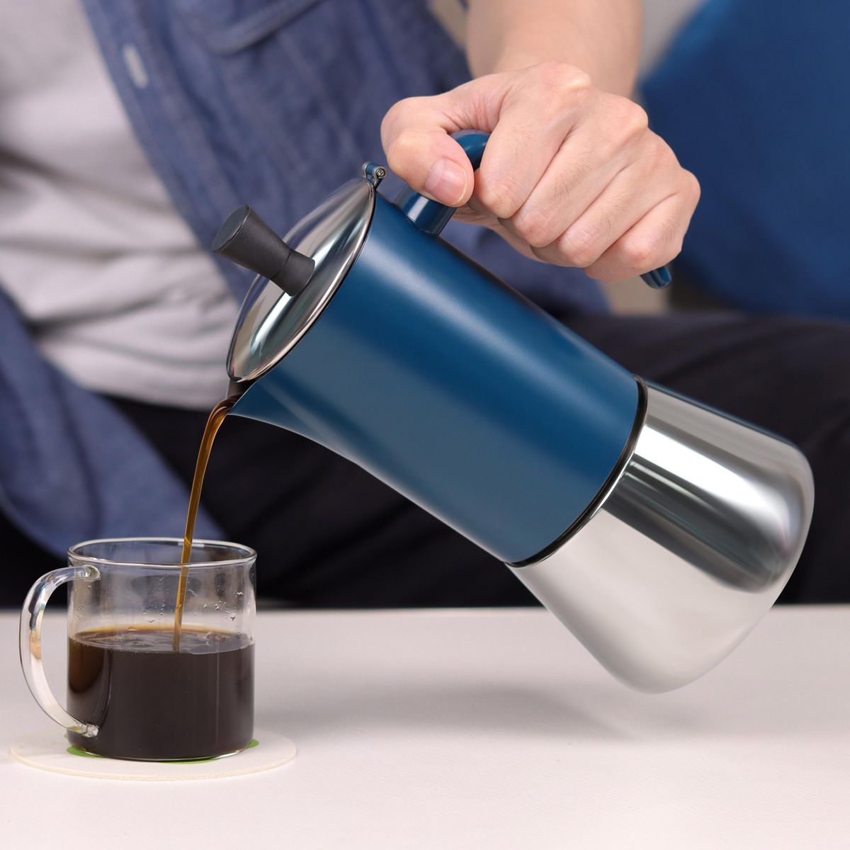 JUST HOME COLLECTION - Cafetera Moka 6 Tazas 300 ml Acero Inoxidable Azul