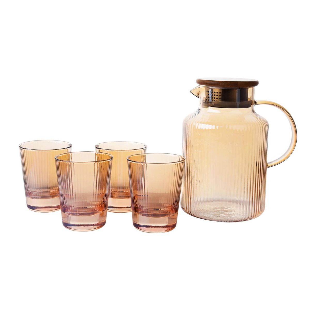 JUST HOME COLLECTION - Set 1 jarro + 4 vasos de Vidrio 1750 ml Liso Ambar