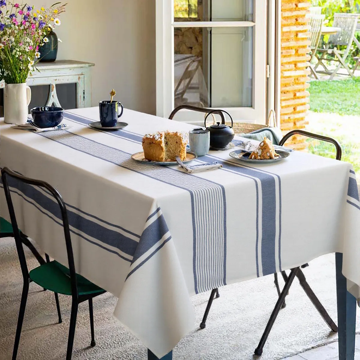 JUST HOME COLLECTION - Mantel Cuadrada 180x180 cm Raya Blanco/azul