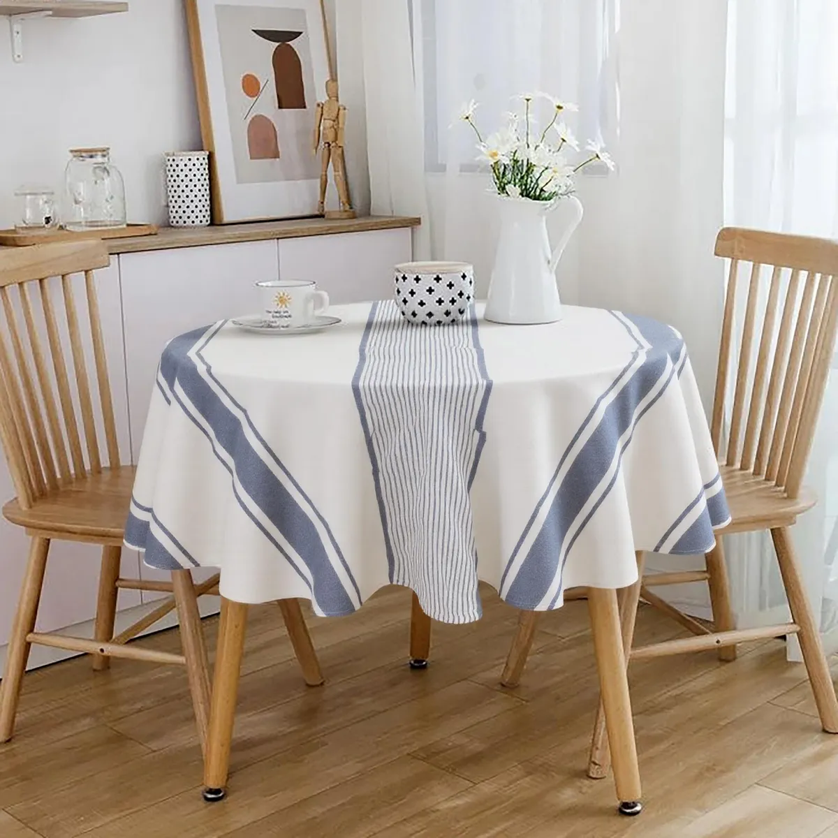 JUST HOME COLLECTION - Mantel Redonda 180x180 cm Raya Blanco/azul