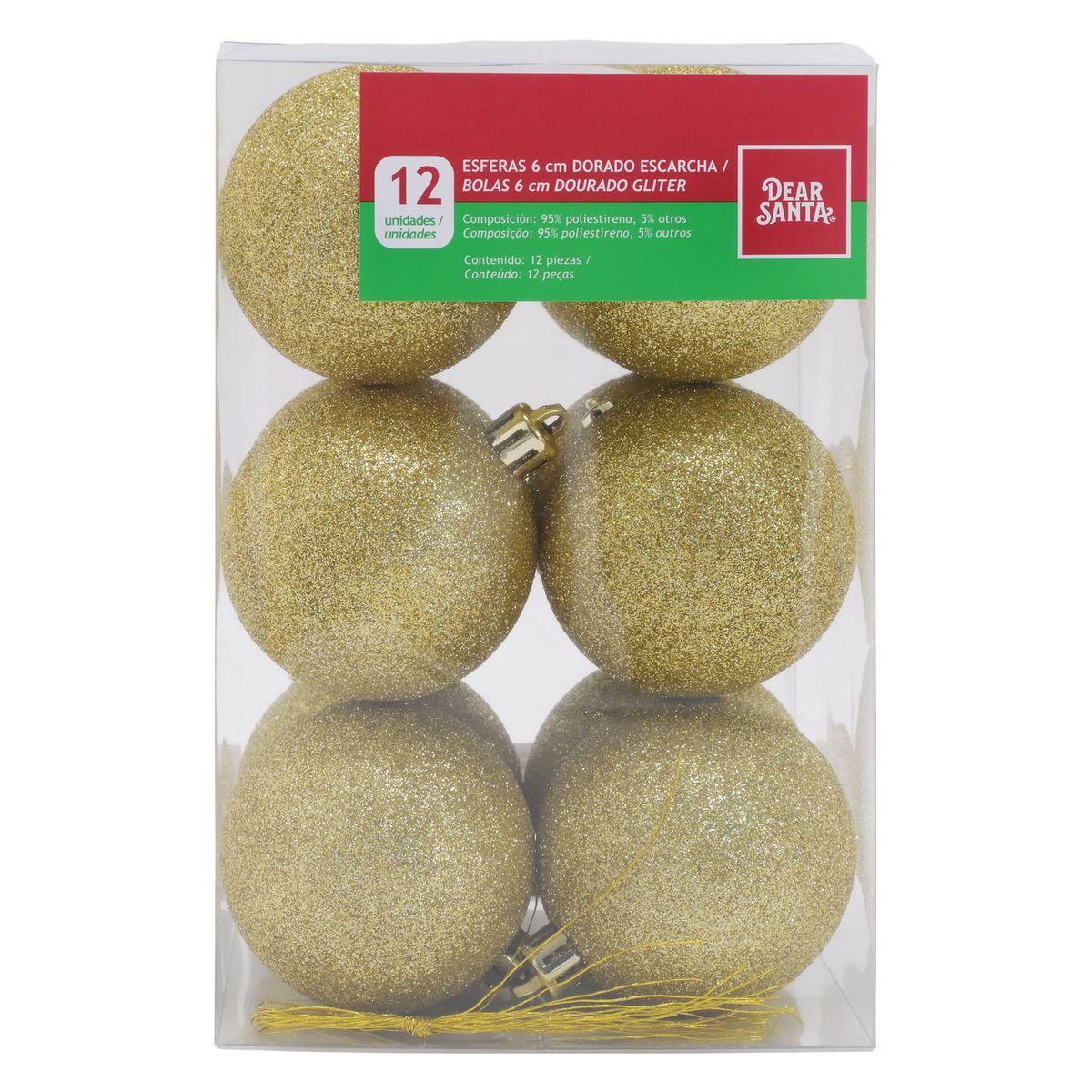 DEAR SANTA - Set 12 esferas 6 cm dorado escarcha