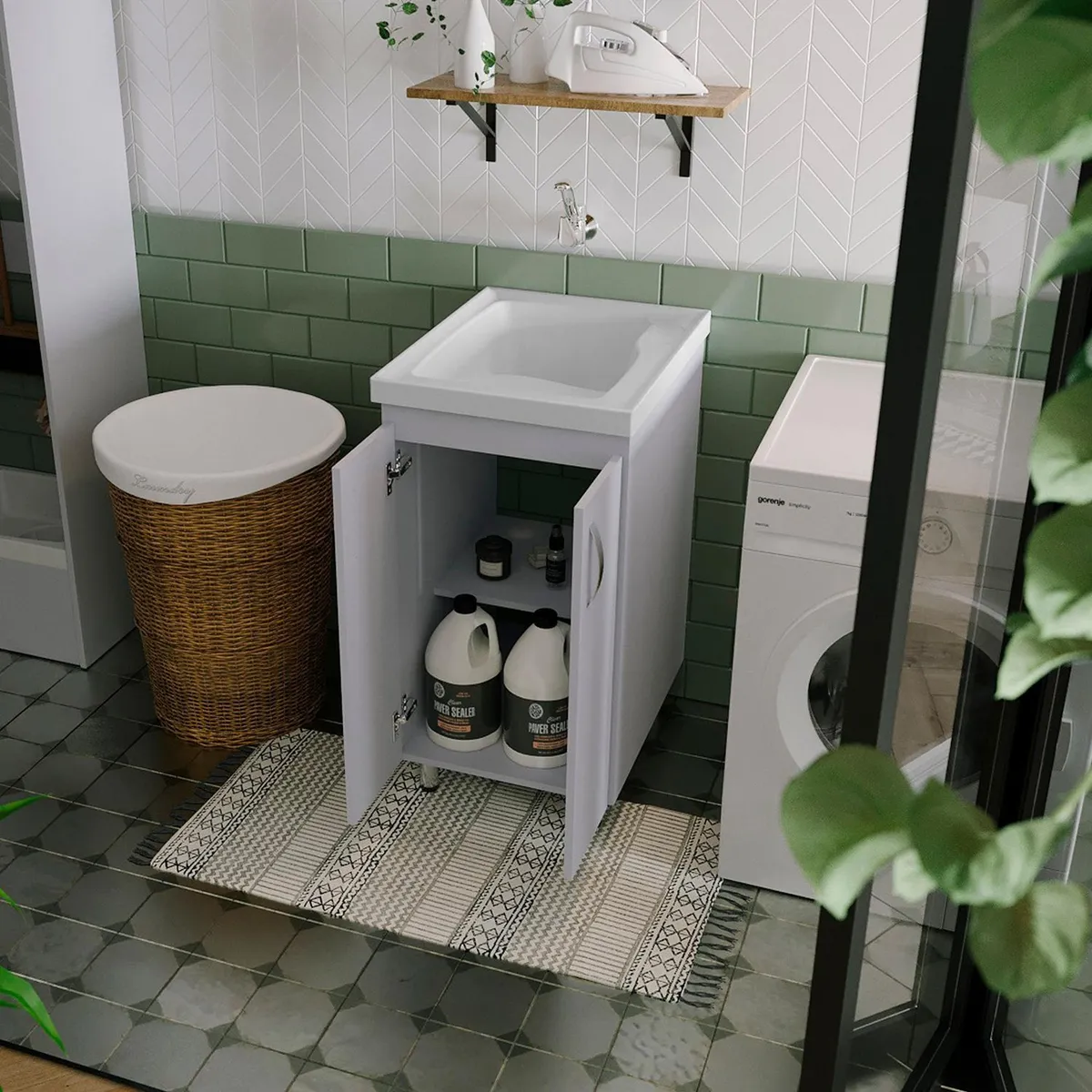 FIRPLAK - Lavadero Aqua 48x60x86cm con Mueble a Piso RH Blanco Canastilla 2" Acero Inoxidable