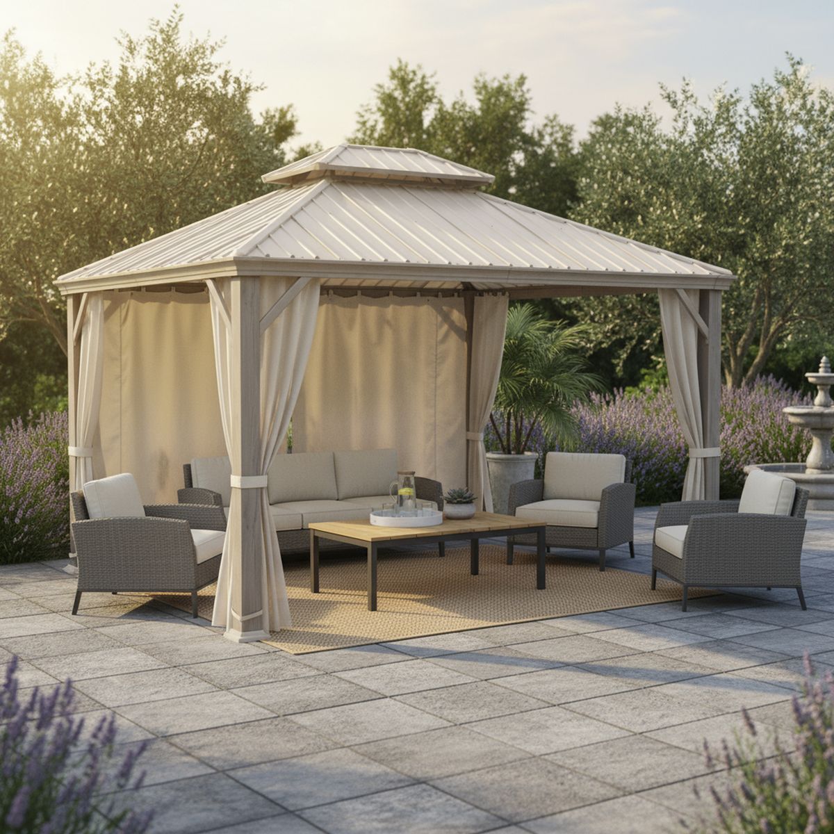 JUST HOME COLLECTION - Pérgola con Cortinas Natural Acero 360x300x305 cm