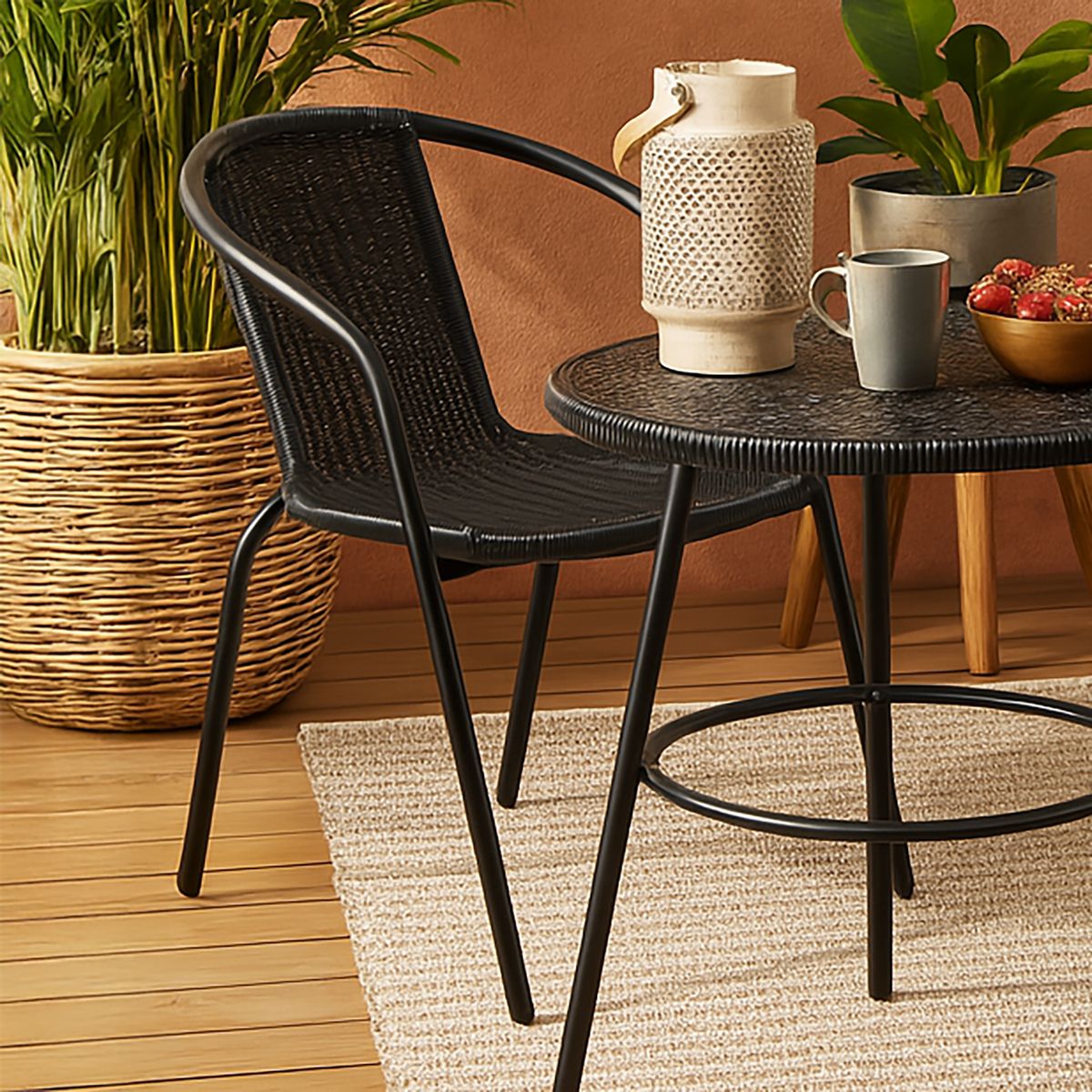 JUST HOME COLLECTION - Silla para Terraza Rattan Look Negro 73x54x63 cm
