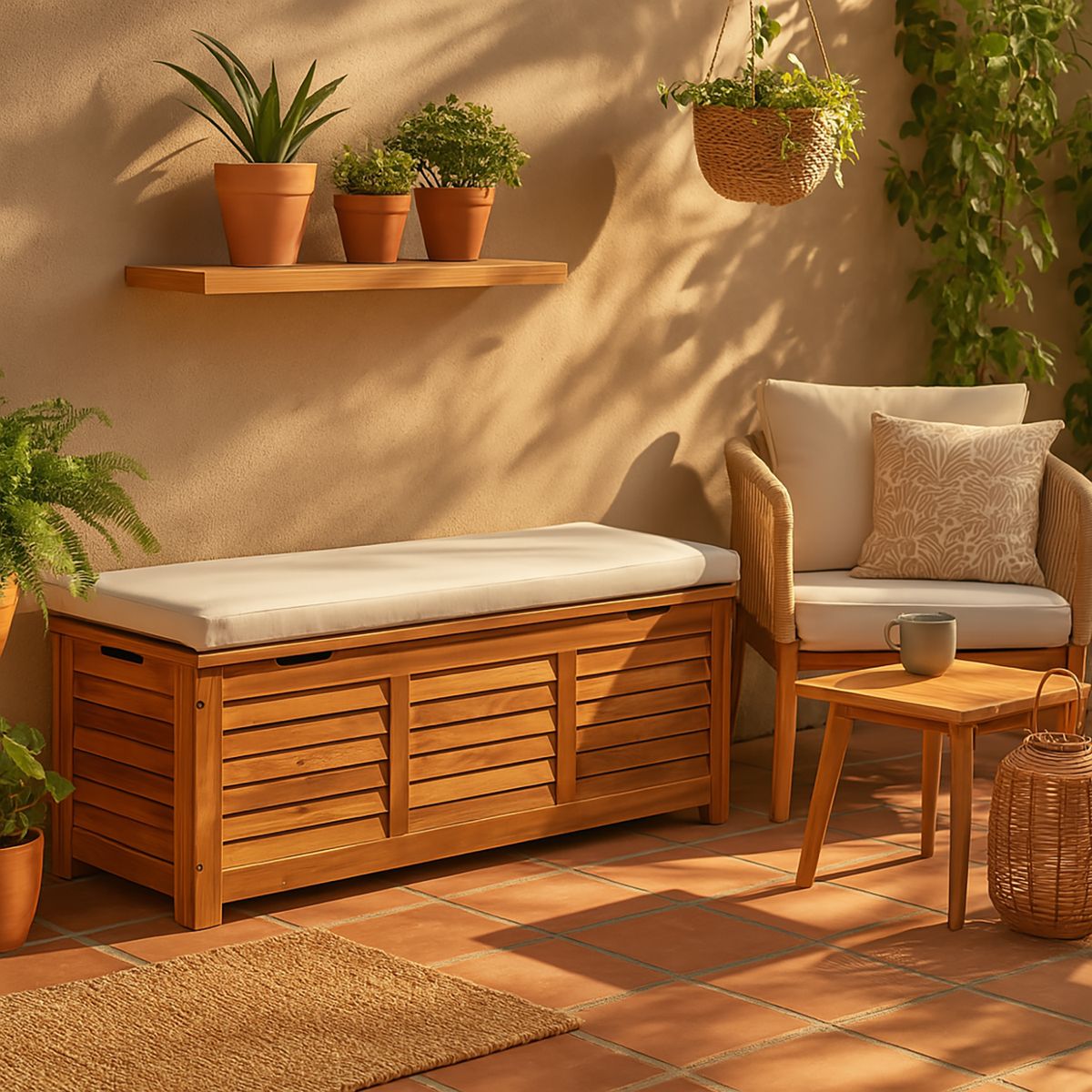 JUST HOME COLLECTION - Banco Baúl con Cojín Madera 43x42x43 cm