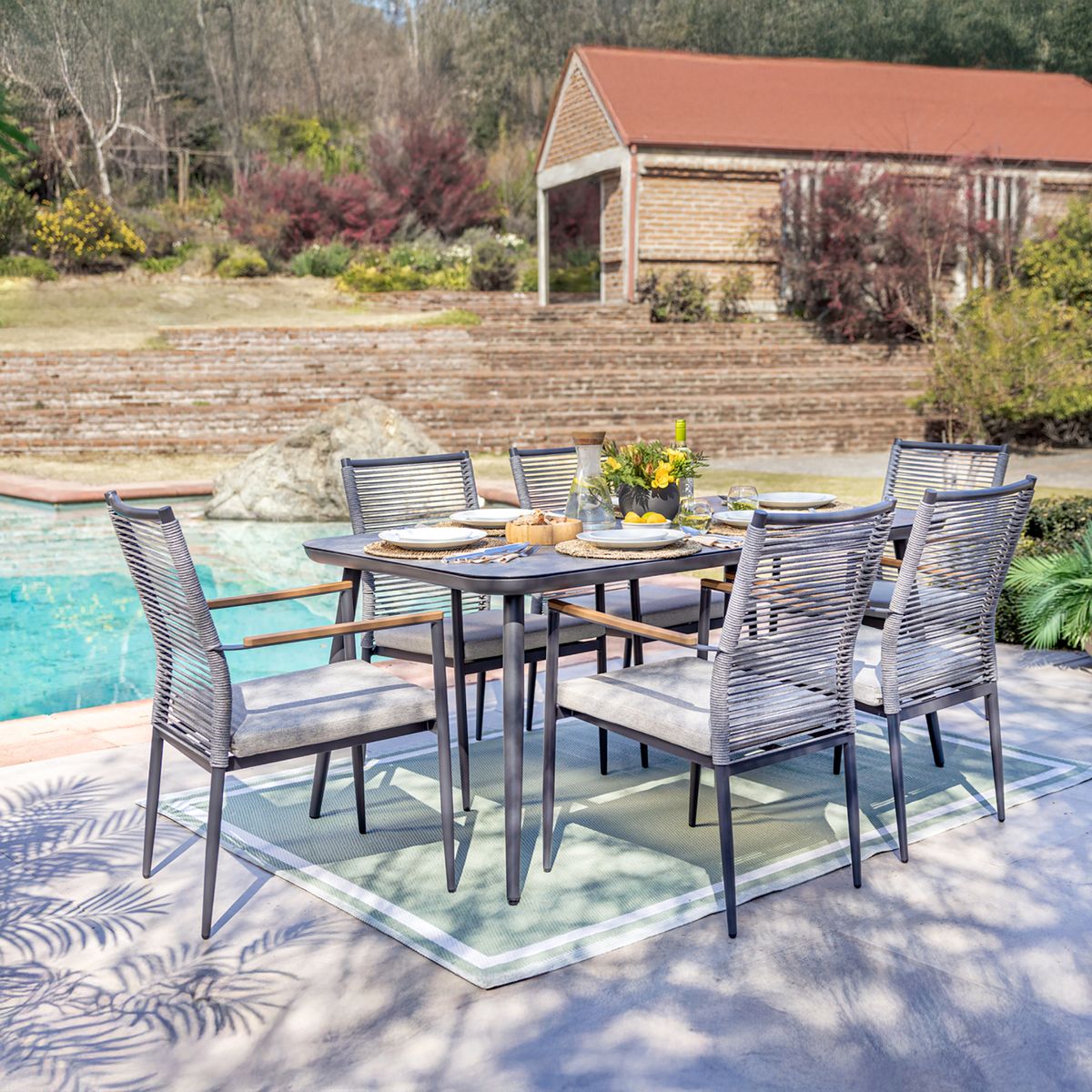 JUST HOME COLLECTION - Juego de Comedor de Terraza Barcelona 6 Personas Negro/gris