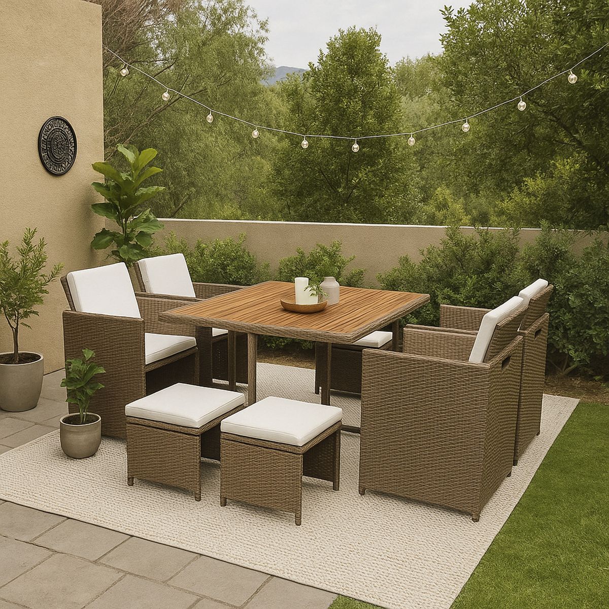 JUST HOME COLLECTION - Juego de Comedor de Terraza Ratán 8 Personas Café