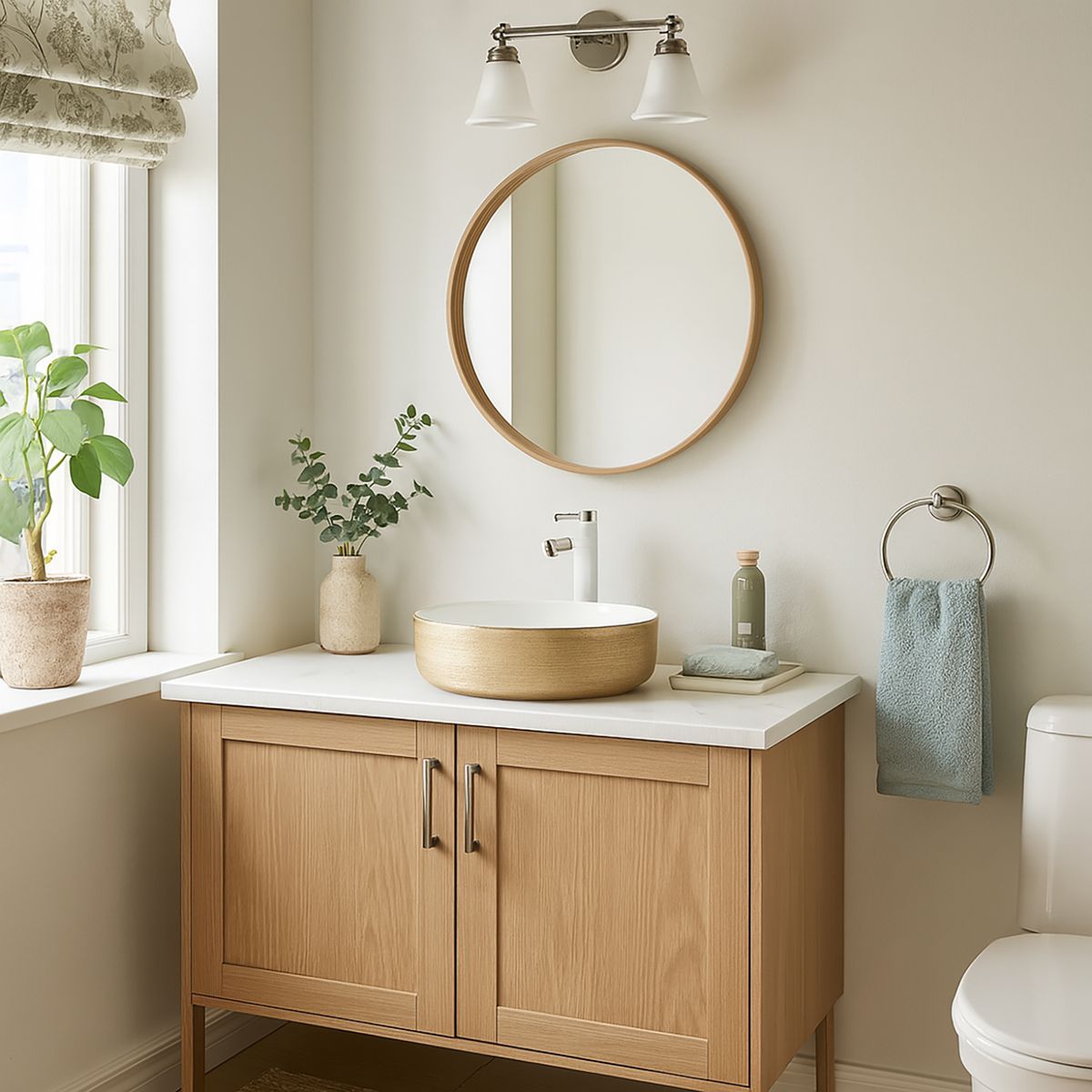 SENSI DACQUA - Lavamanos Forma Redonda Cerámica 36x11.5x36 cm Dorado cepillado; Blanco