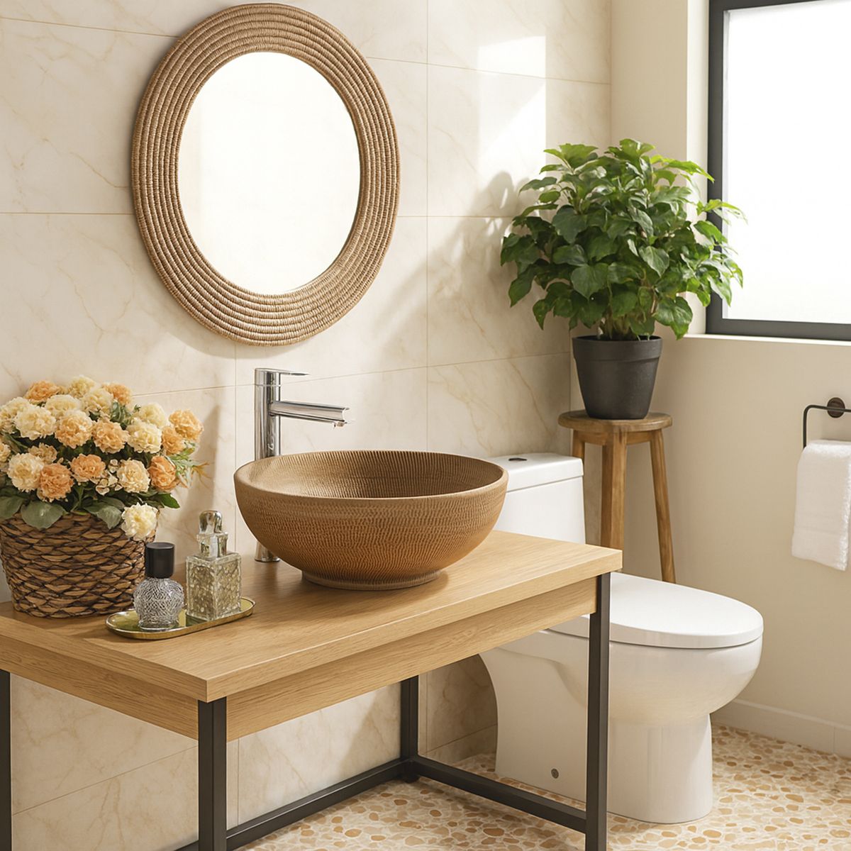 SENSI DACQUA - Lavamanos Forma Redonda Cerámica 40.5x15x40.5 cm Natural textura