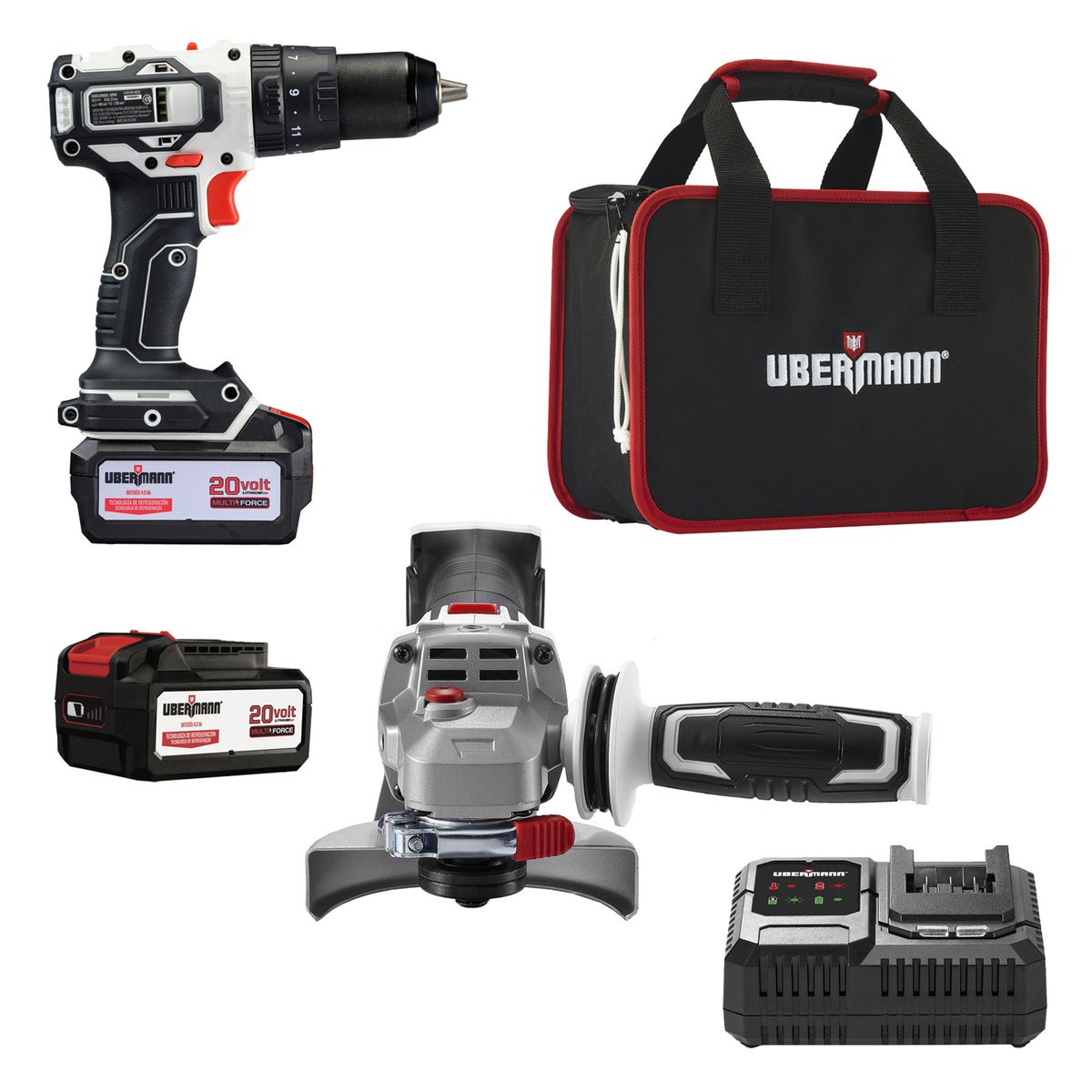 UBERMANN - Kit Taladro Percutor 20V+ Esmeril 4 1/2" 20V +2 Baterías 4AH +Cargador