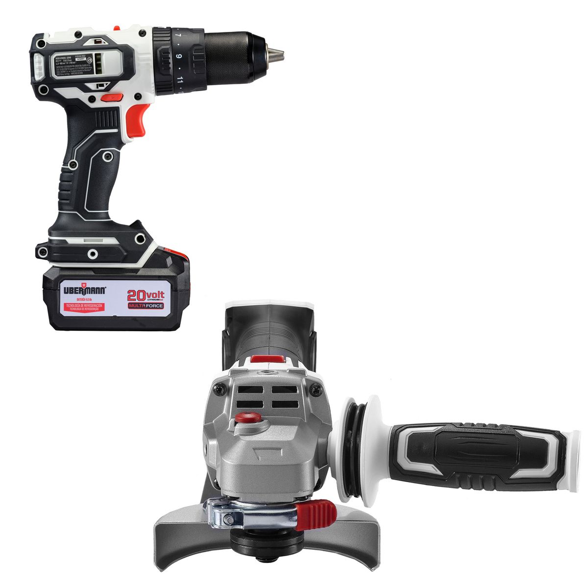 UBERMANN - Kit Taladro Percutor 20V+ Esmeril 4 1/2" 20V +2 Baterías 4AH +Cargador