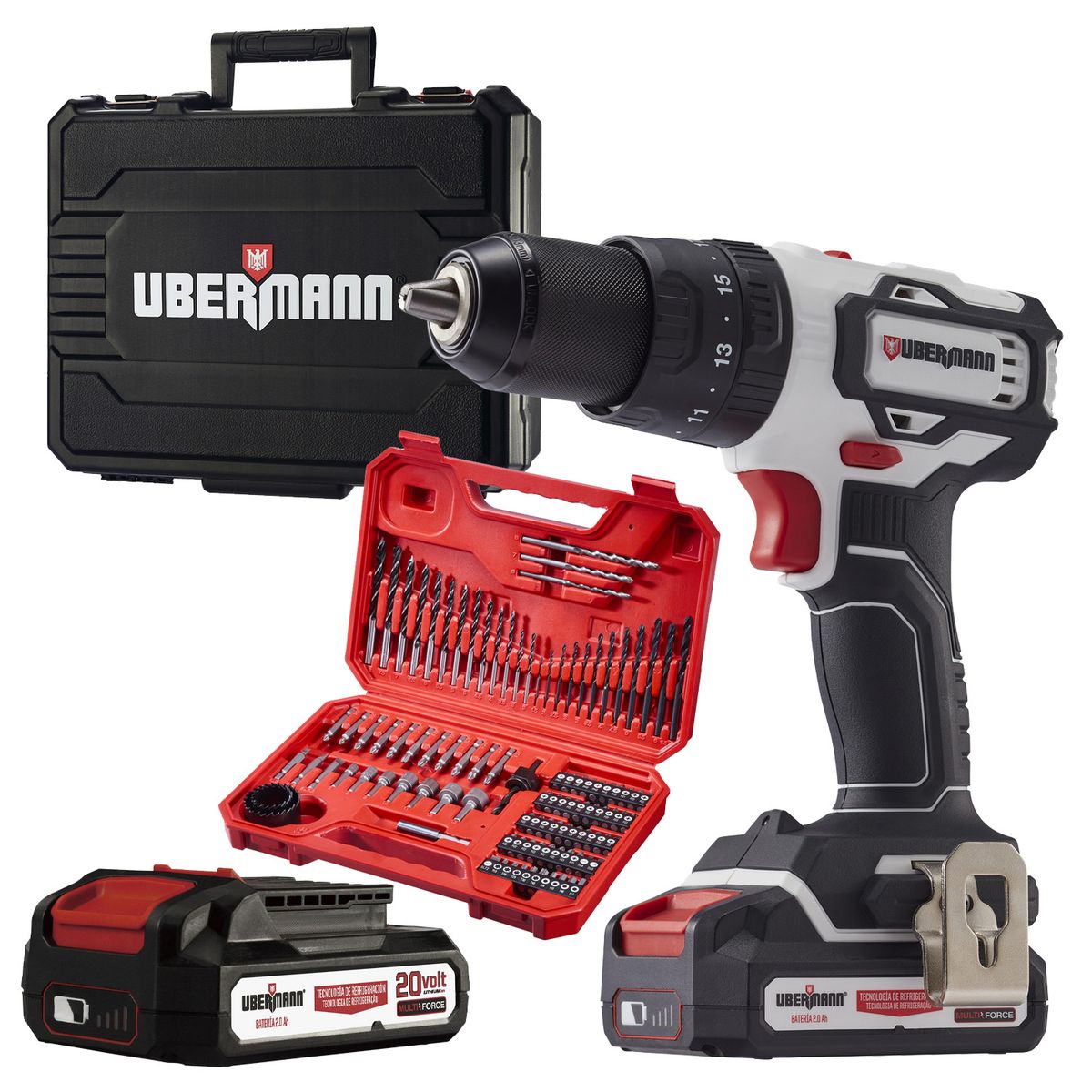 UBERMANN - Taladro Percutor 13 mm 20 V Brushless +2 Baterías 2AH+Carga +101 Accesorios
