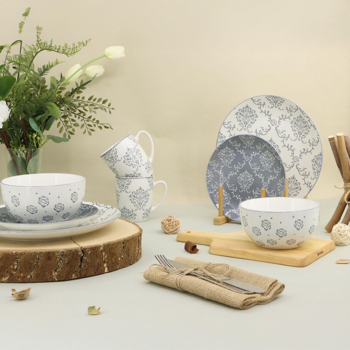 JUST HOME COLLECTION - Juego de vajilla 16 Piezas Porcelana Milan Gris