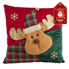 DEAR SANTA - Cojín navidad reno 38 cm verde/rojo