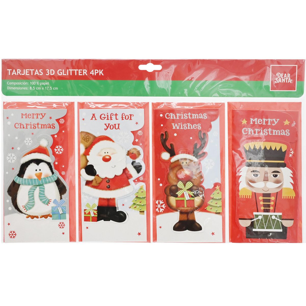 DEAR SANTA - Tarjetas navidad 3d glitter 4pk