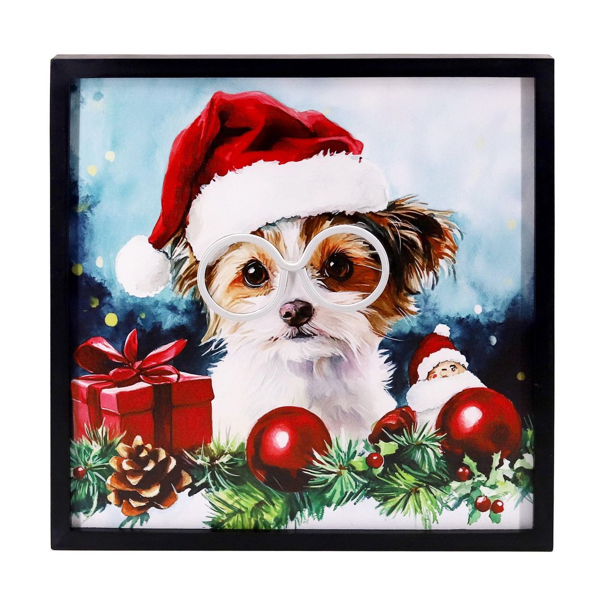 DEAR SANTA - Cuadro navidad perro lentes led 40x40 cm