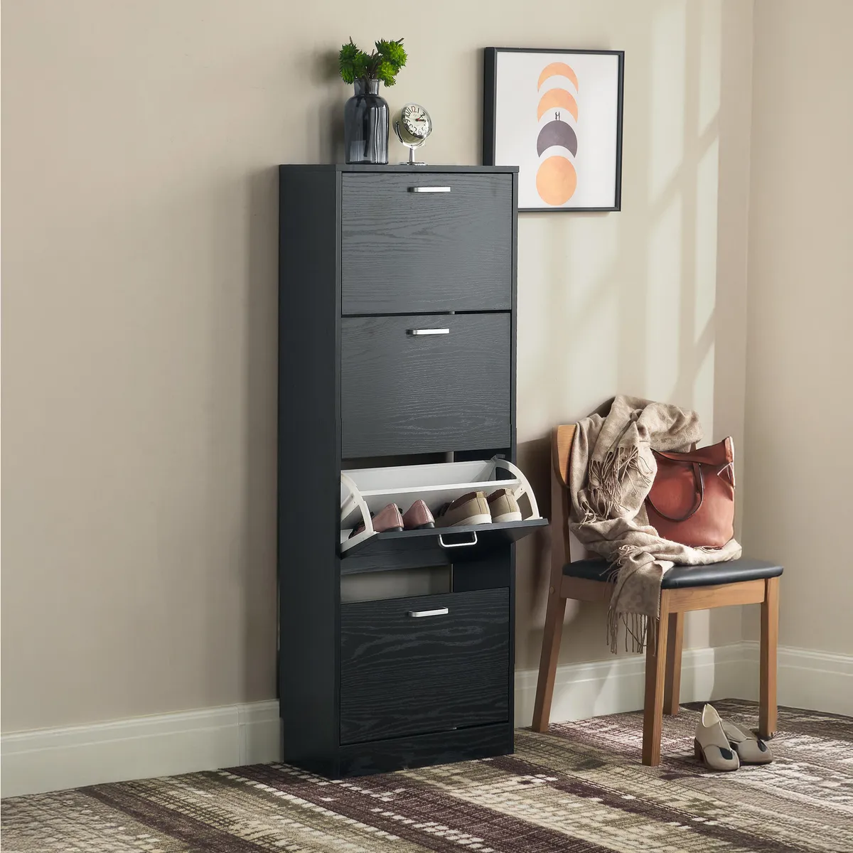 JUST HOME COLLECTION - Zapatero 4 Puertas Melamina 51x140x24 cm Negro