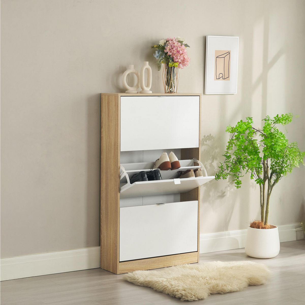 JUST HOME COLLECTION - Zapatero 3 Puertas Melamina 70.4x125.2x24 cm Blanco, Roble
