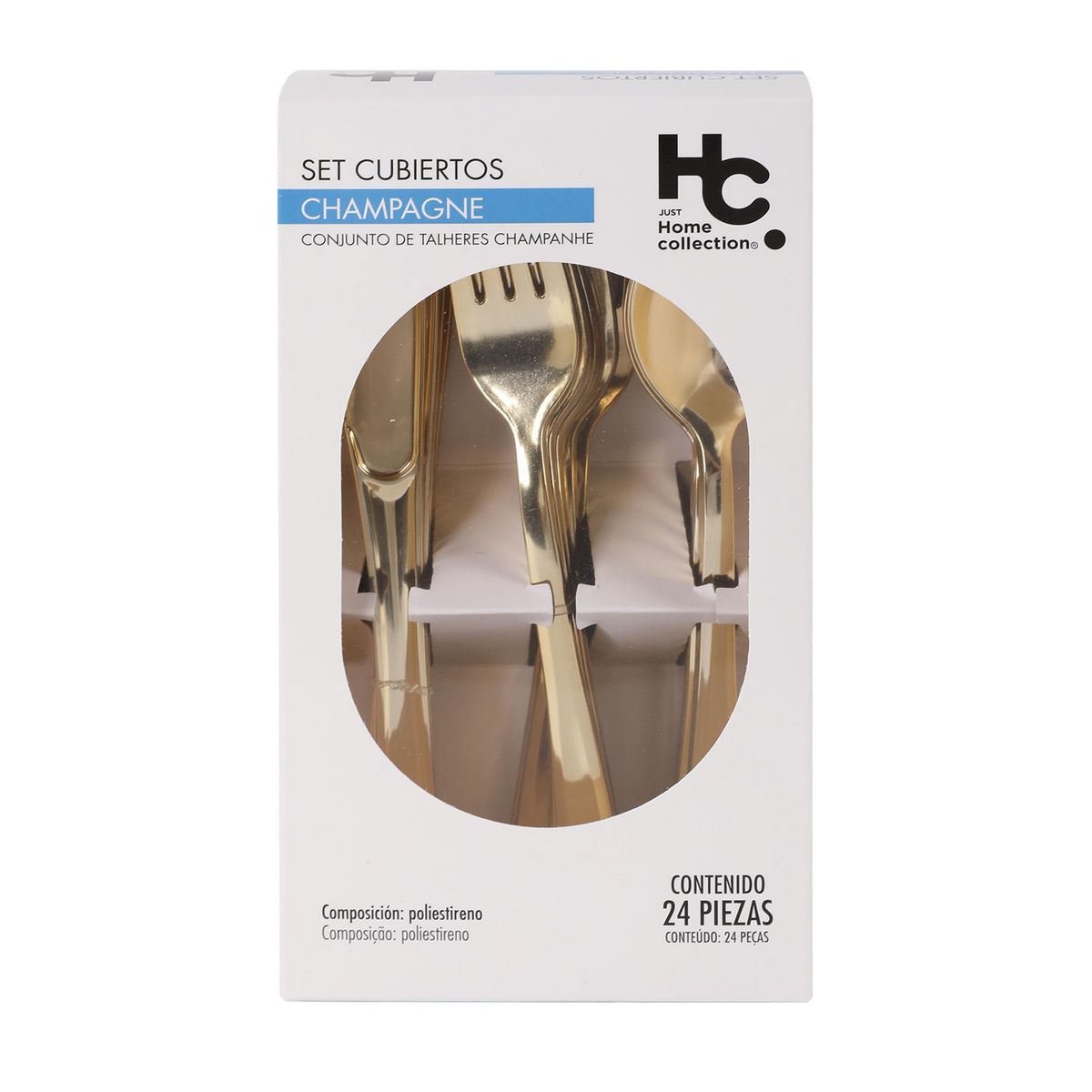 JUST HOME COLLECTION - Set 24 Cubiertos Plasticos Color Champaña 8 cucharas, 8 Tenedores y 8 Cuchillos