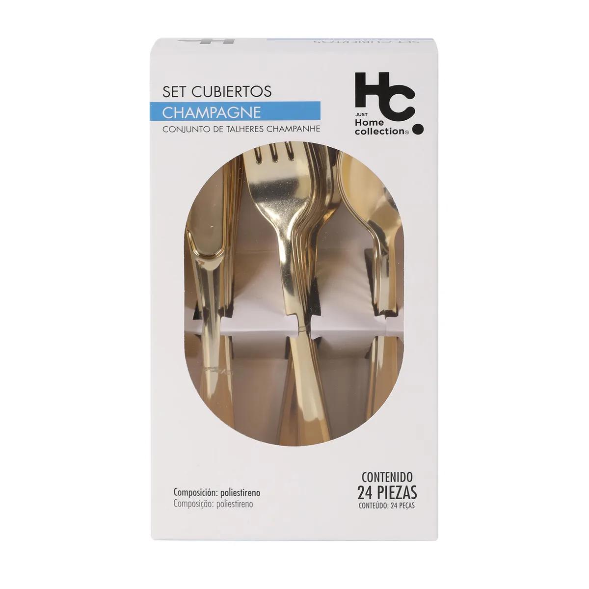 JUST HOME COLLECTION - Set 24 Cubiertos Plasticos Color Champaña 8 cucharas, 8 Tenedores y 8 Cuchillos