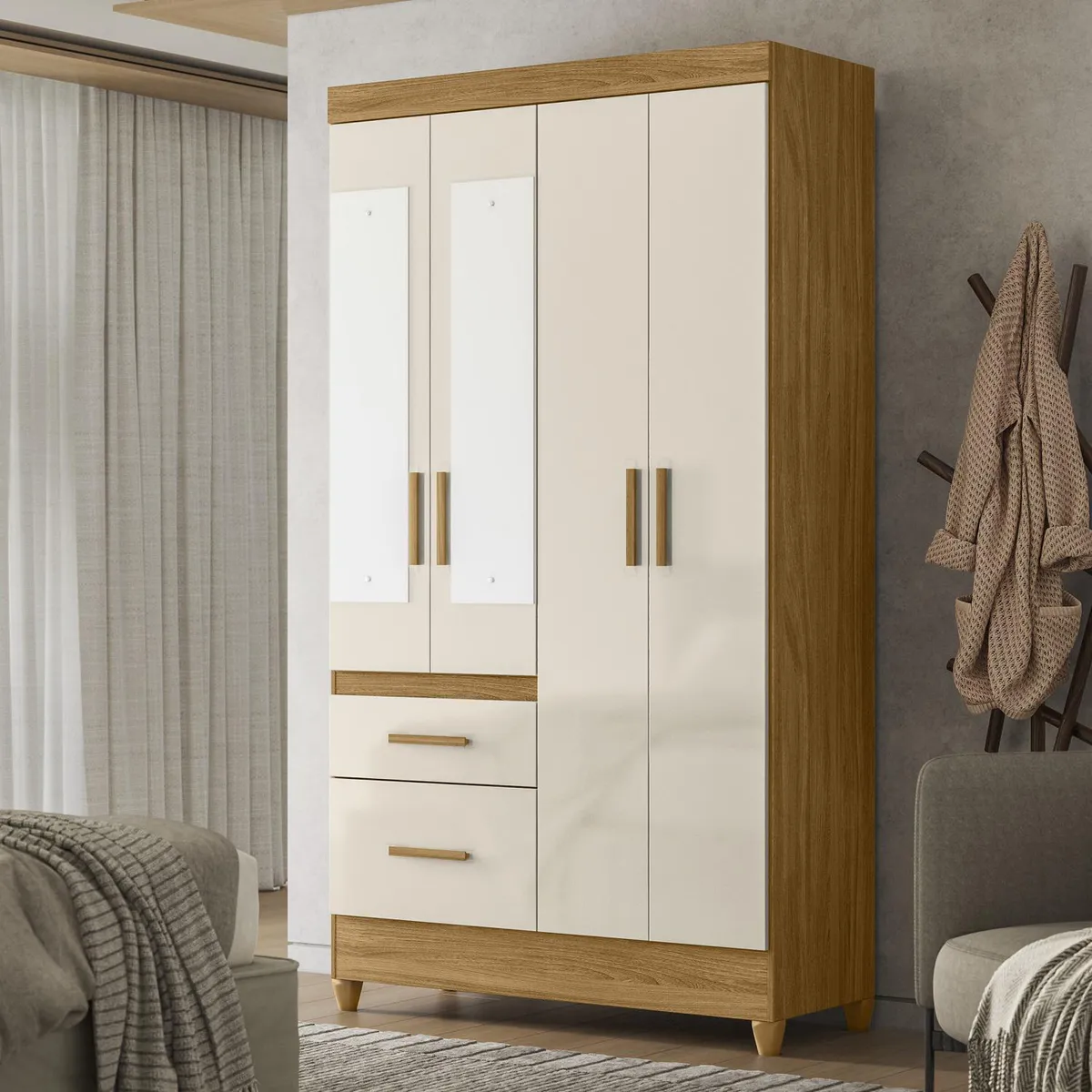 CASA BONITA - Ropero 4 Puerta(s) 2 Cajón(es) 5 Repisa(s) 111x204x47 cm Roble, blanco