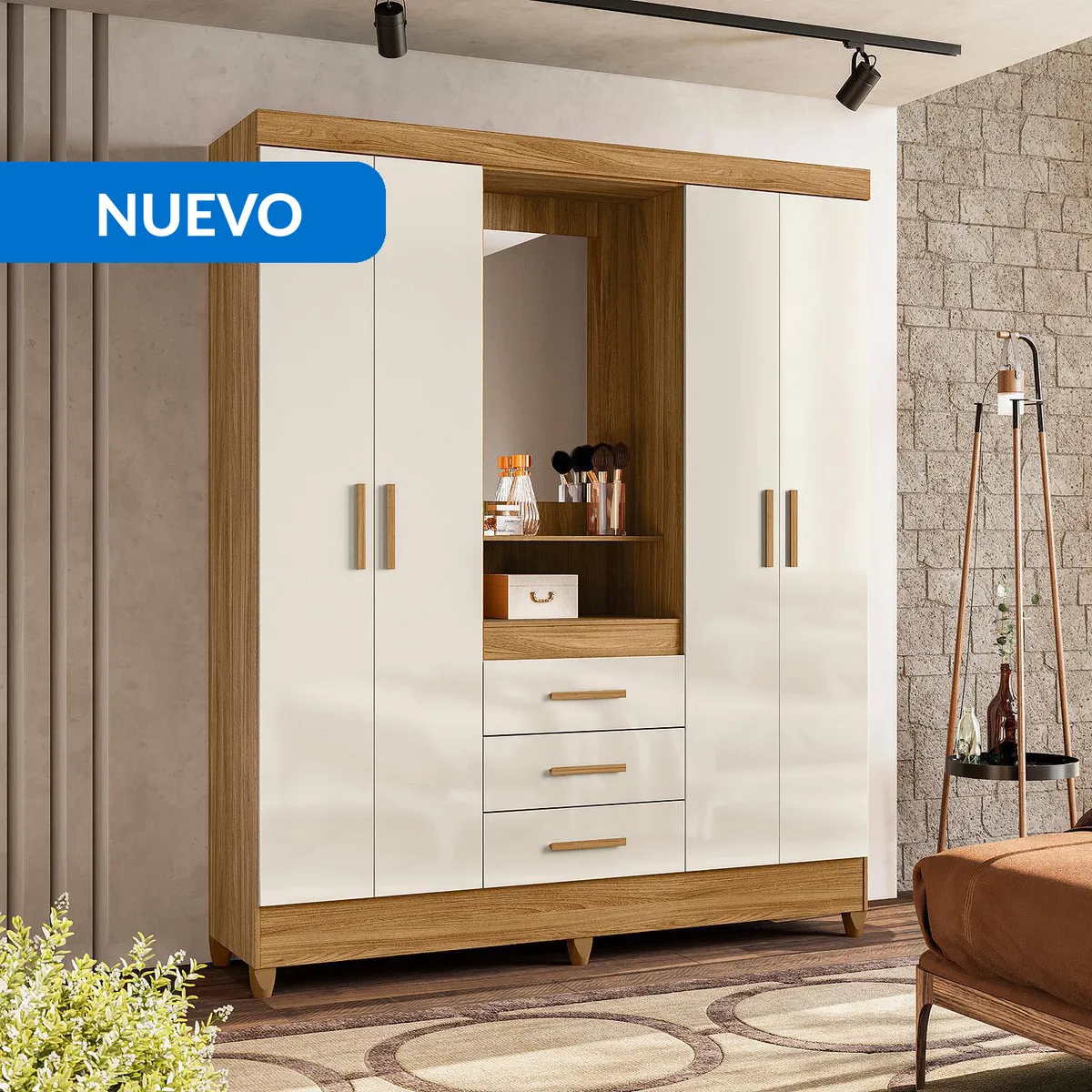 CASA BONITA - Ropero 5 Puerta(s) 3 Cajón(es) 6 Repisa(s) 165x204x47 cm Roble, Crudo