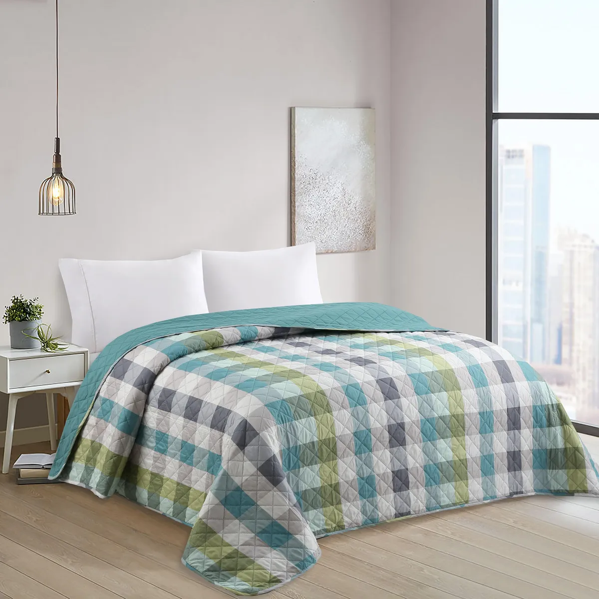 JUST HOME COLLECTION - Quilt 1.5 plazas Cuadros Verde 