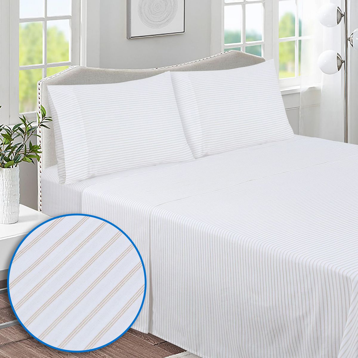 JUST HOME COLLECTION - Sabana Stripe 144 Hilos Blanco, Beige