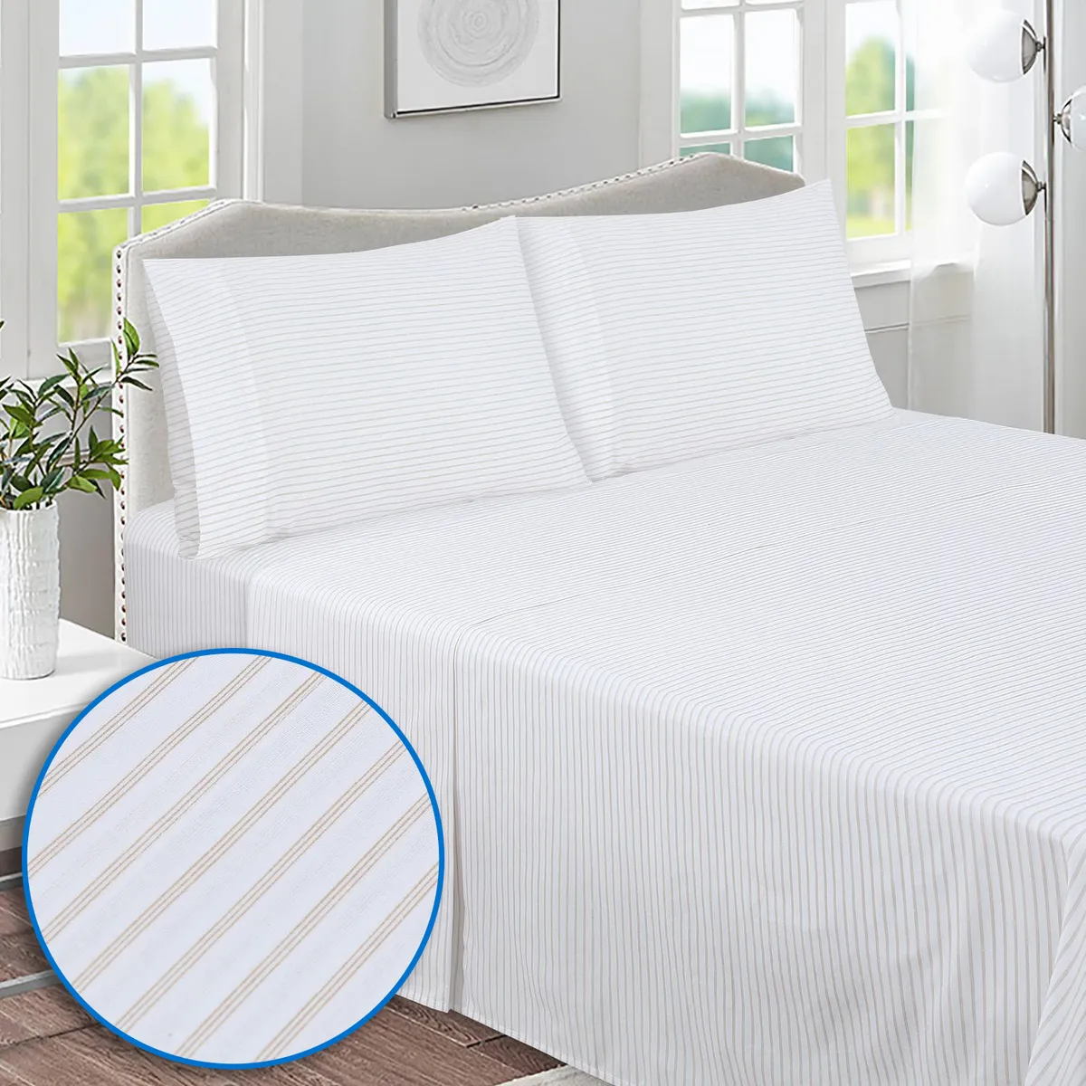 JUST HOME COLLECTION - Sabana Stripe 144 Hilos Blanco, Beige