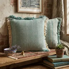 JUST HOME COLLECTION - Cojín Decorativo Verde con Flecos Amarillos 45x45 cm