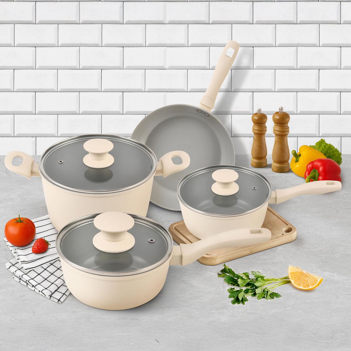 JUST HOME COLLECTION - Batería de Cocina 7 Piezas Antiadherente Beige