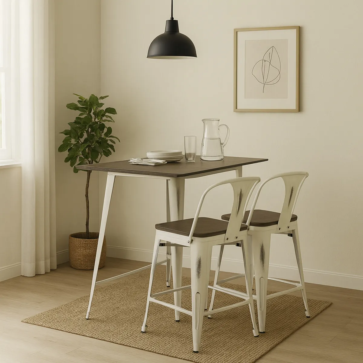 JUST HOME COLLECTION - Juego de comedor Tolix 2 Sillas Mesa Redonda 146 cm x 68,5 cm x 90 cm Café, Blanco