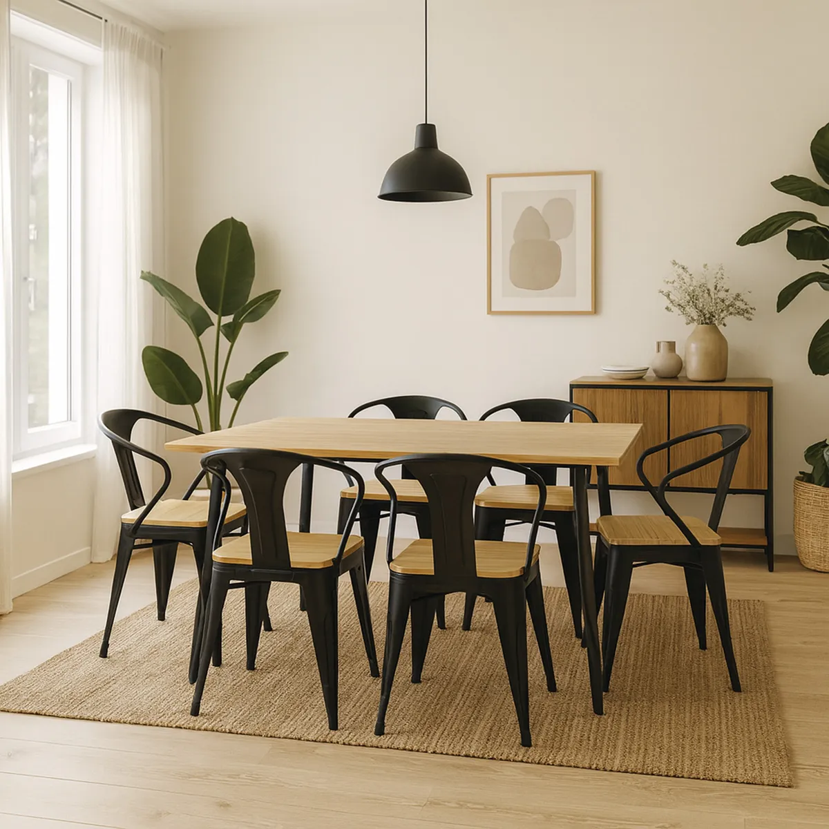 JUST HOME COLLECTION - Juego de comedor Rústico 6 Sillas Mesa Rectangular 160 cm x 80 cm x 77 cm Café, Negro