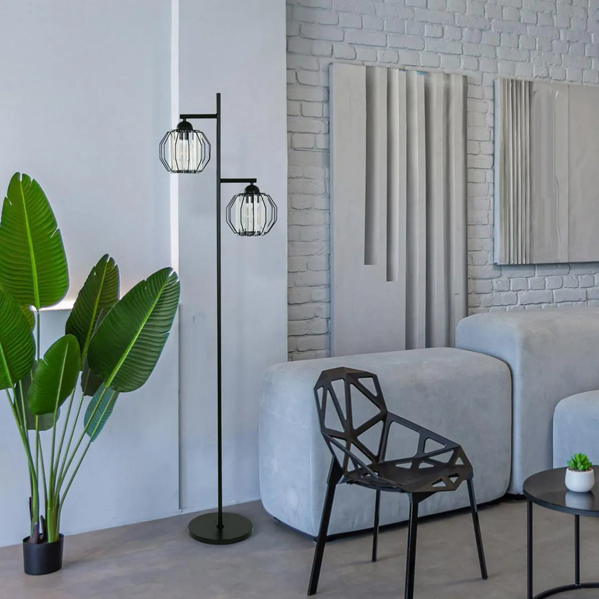 JUST HOME COLLECTION - Lámpara Pie 2 Luces Negro 25x163 cm Pantalla Vidrio Verona