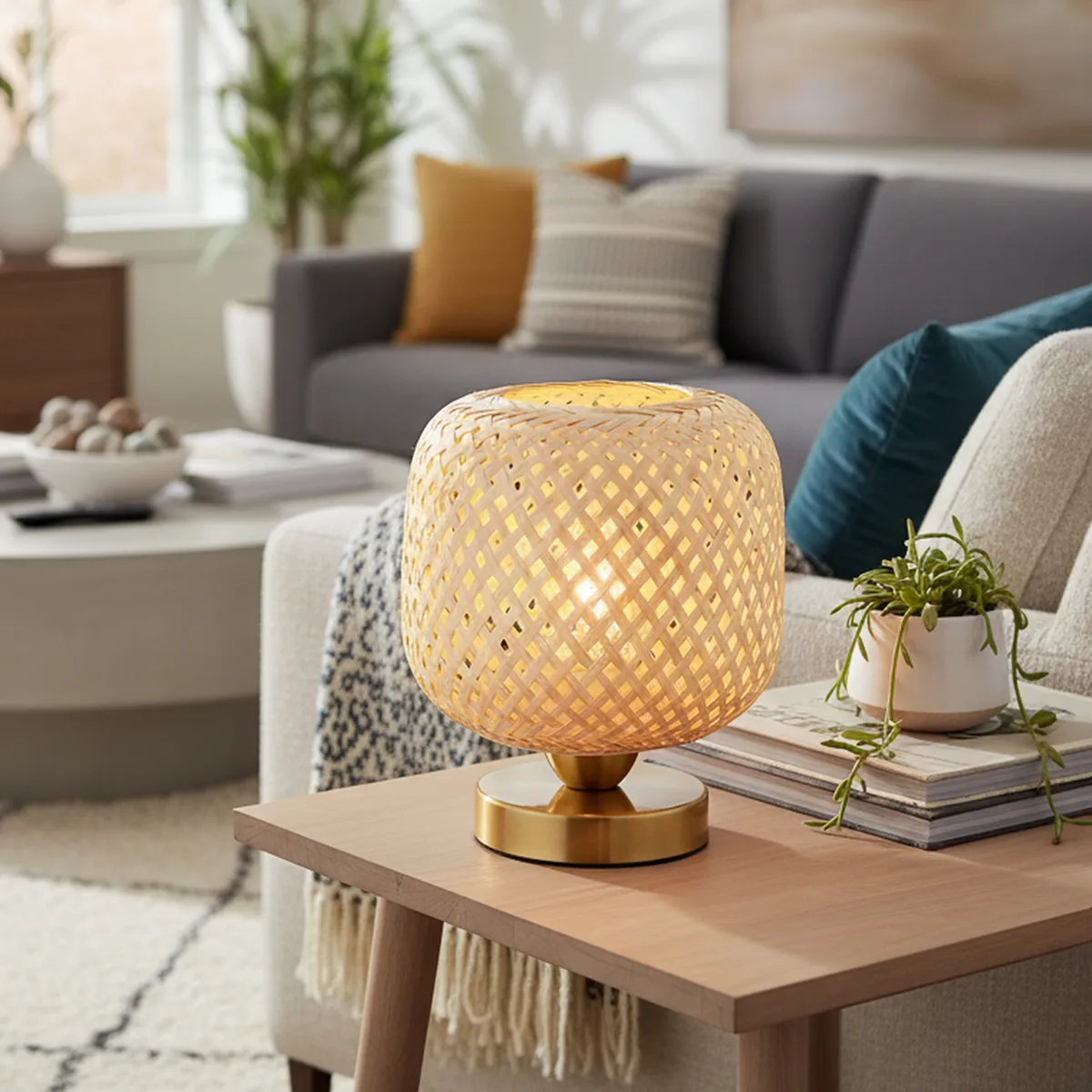 JUST HOME COLLECTION - Lámpara Mesa Ben Natural 20x22 cm Pantalla Bambu Base Acero