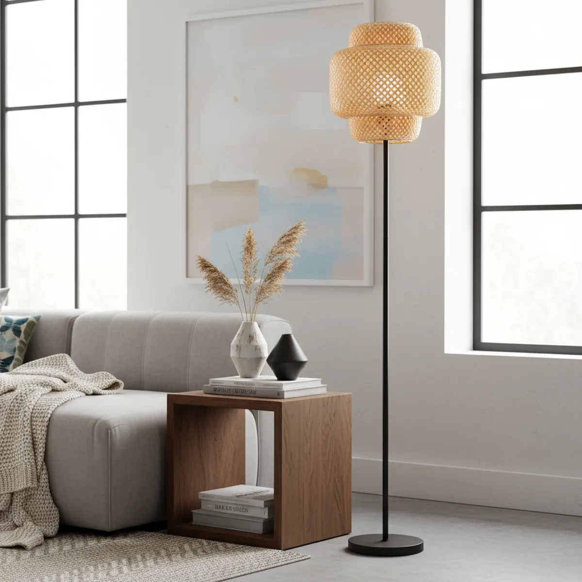 JUST HOME COLLECTION - Lámpara pie Ben Natural 30x150 cm Pantalla Bambu Base Acero