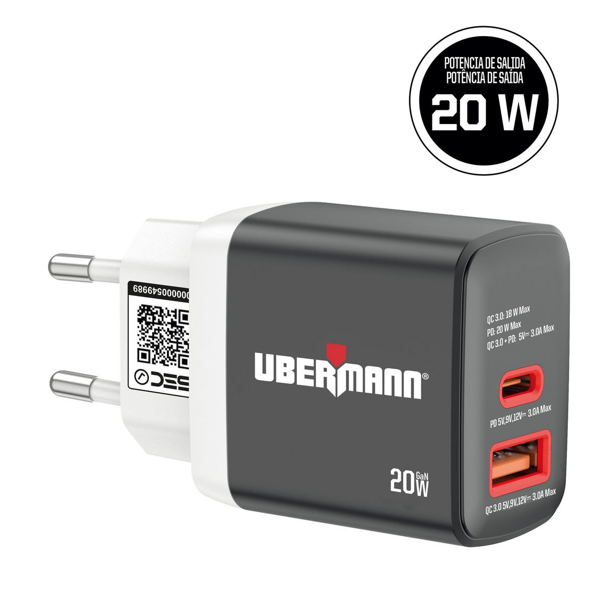 UBERMANN - Cargador USB A y Tipo C 20W Ubermann