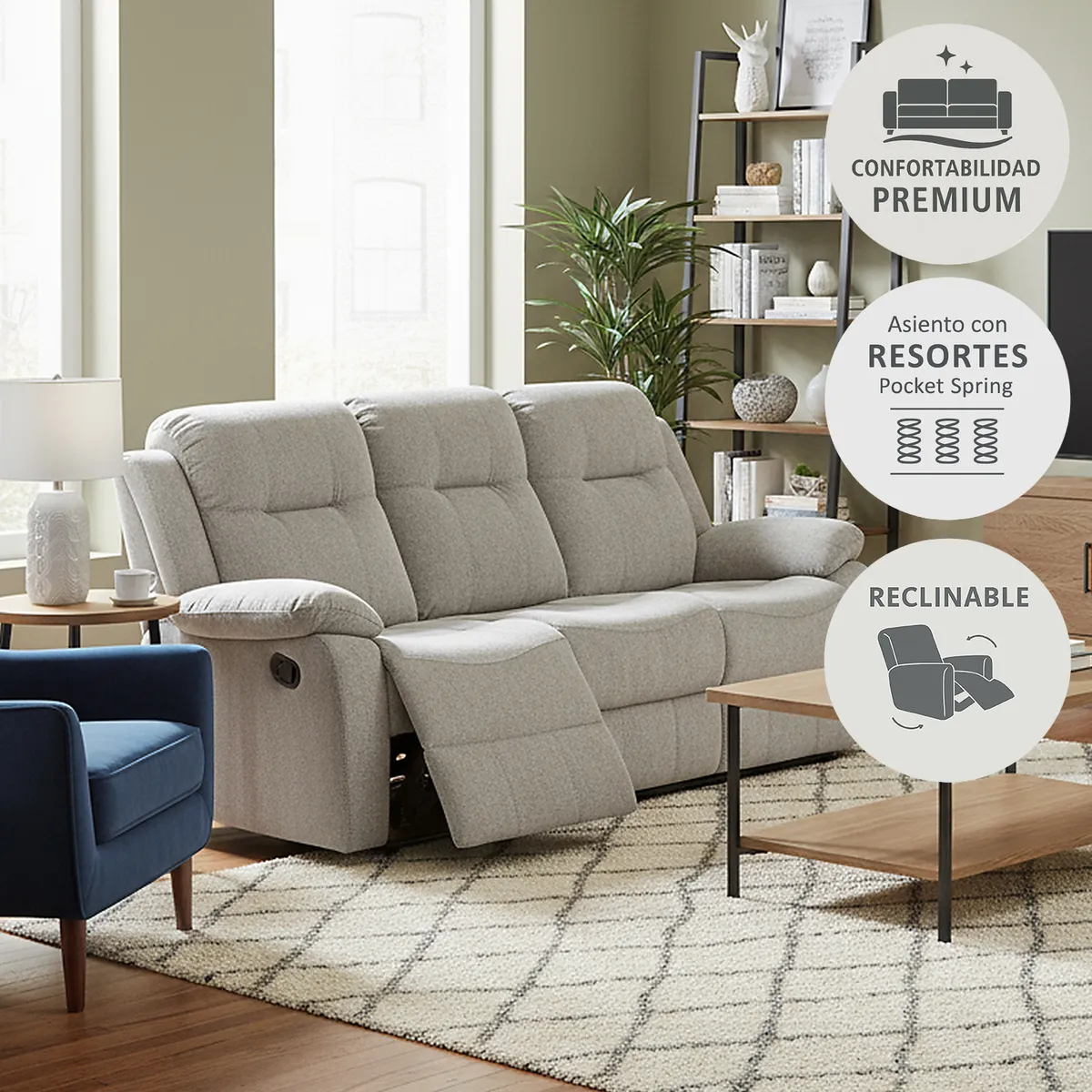 JUST HOME COLLECTION - Sofá Reclinable 3 cuerpos 210x102x95 cm Gris