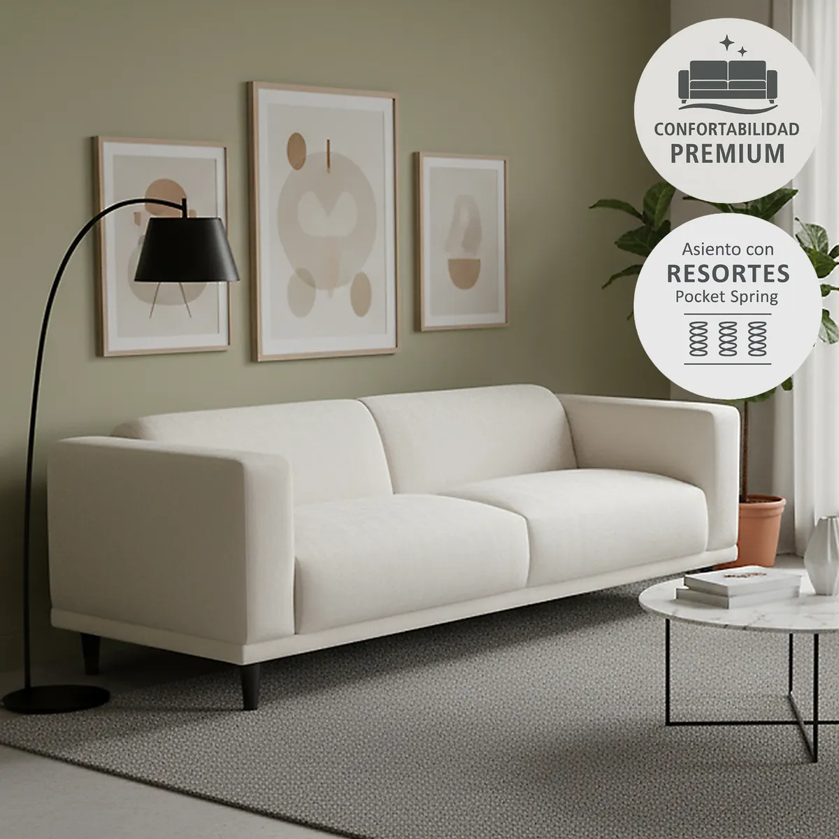 JUST HOME COLLECTION - Sofá 3 cuerpos Anna 220x92x71 cm Blanco