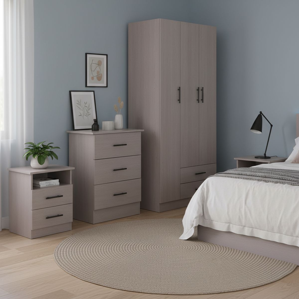 JUST HOME COLLECTION - Combo Closet + Velador + Cómoda Riomel Gris