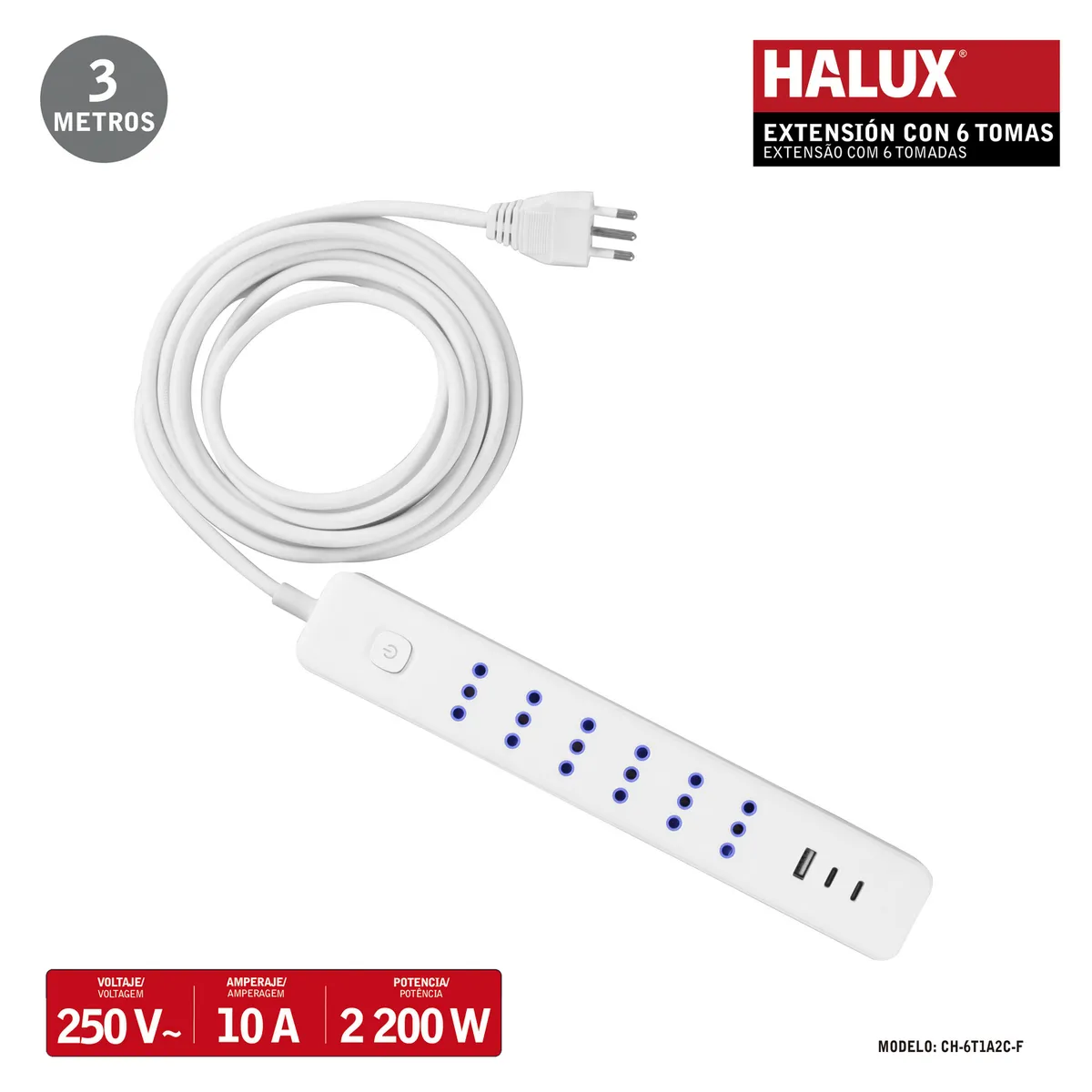 Alargador 6 Toma(s) 3 m Blanco, marca HALUX - Foto Principal