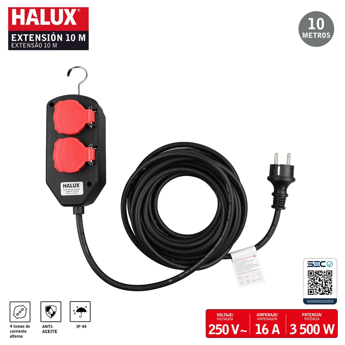 HALUX - Extensión 2 Toma(s) 10 m Negro